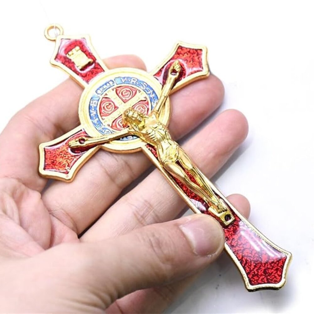 Saint Benedict Benedictine Red Enamel Protection Wall Crucifix Cross Catholic
